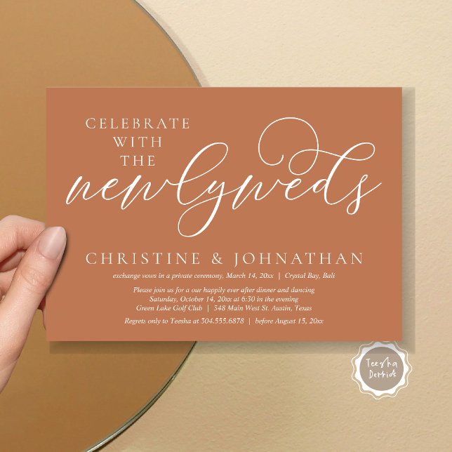Feiern Sie mit den Neuvermählten, Hochzeitsessen Einladung (Celebrate with the newlyweds, Wedding Dinner Invitation Card, PDF, Modern Romantic in Copper Brown)