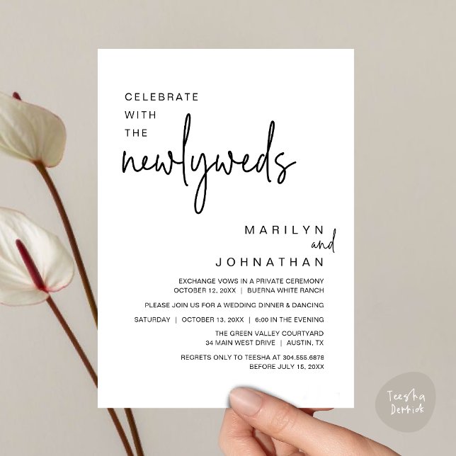 Feiern Sie mit den Neuvermählten, Hochzeitsessen P Einladung (Celebrate With The Newlyweds, Modern Clean Wedding Dinner Party Invitation Card PDF White Black)