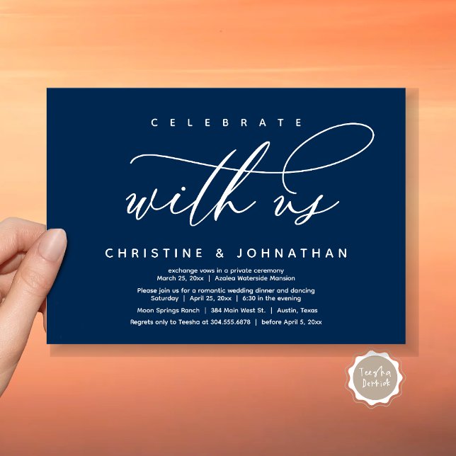 Feiern Sie mit uns, das Abendessen bei Hochzeiten Einladung (Celebrate with us, Modern Wedding Elopement Dinner Invitation Card, PDF, Modern Romantic Navy Blue)