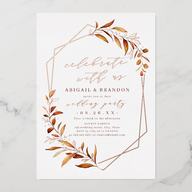 Feiern Sie mit uns! Fall Greenery Wedding Party Folieneinladung (Vorderseite)