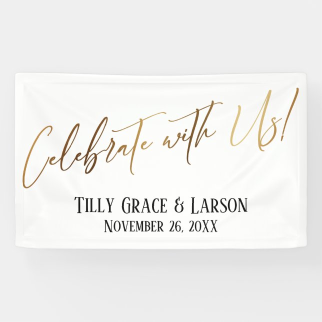 Feiern Sie mit uns! Goldhandschrifttypografie Banner (Horizontal)