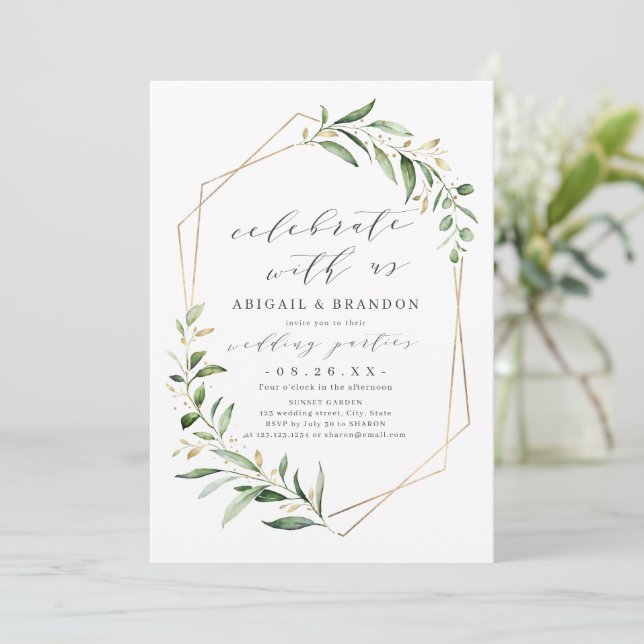 Feiern Sie mit uns! Greenery Geometric Wedding Einladung (Stehend Vorderseite)
