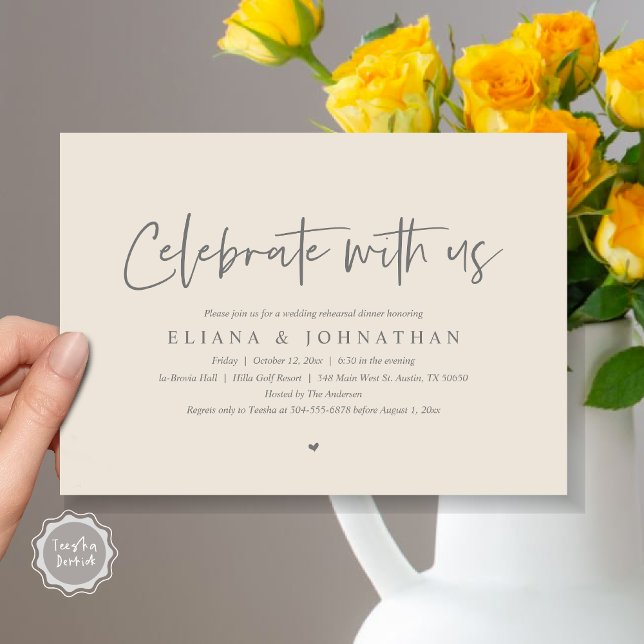 Feiern Sie mit uns, Hochzeit Probe Dinner Einladung (Celebrate with us, Wedding Rehearsal Dinner Party Invitation Card, PDF, Modern Casual, in Grey Cream)