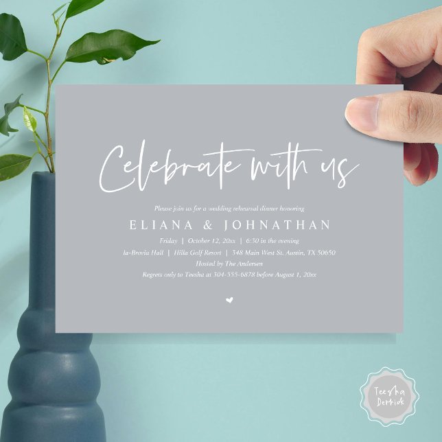 Feiern Sie mit uns, Hochzeit Probe Dinner Einladung (Celebrate with us, Wedding Rehearsal Dinner Party Invitation Card, PDF, Modern Casual, in Chill Grey)