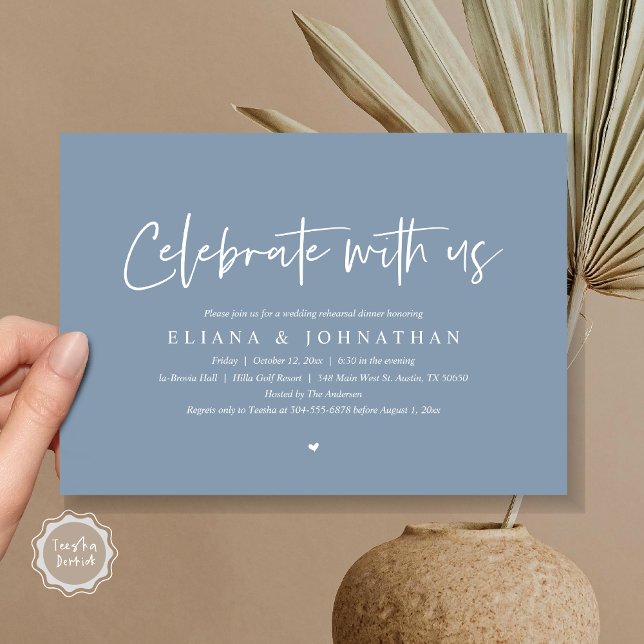 Feiern Sie mit uns, Hochzeit Probe Dinner Einladung (Celebrate with us, Wedding Rehearsal Dinner Party Invitation Card, PDF, Modern Casual, in Dusty Blue)