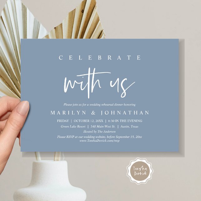 Feiern Sie mit uns, Hochzeit Probe Party Einladung (Celebrate with us, Wedding Rehearsal Dinner Party Invitation Card, PDF, Modern Casual, Dusty Blue)