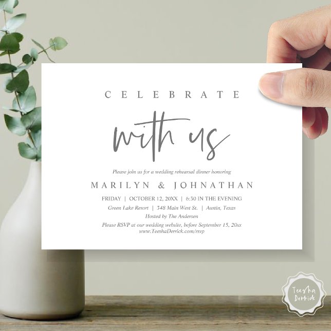 Feiern Sie mit uns, Hochzeit Probe Party Einladung (Celebrate with us, Wedding Rehearsal Dinner Party Invitation Card, PDF, Modern Casual, Dark Grey)