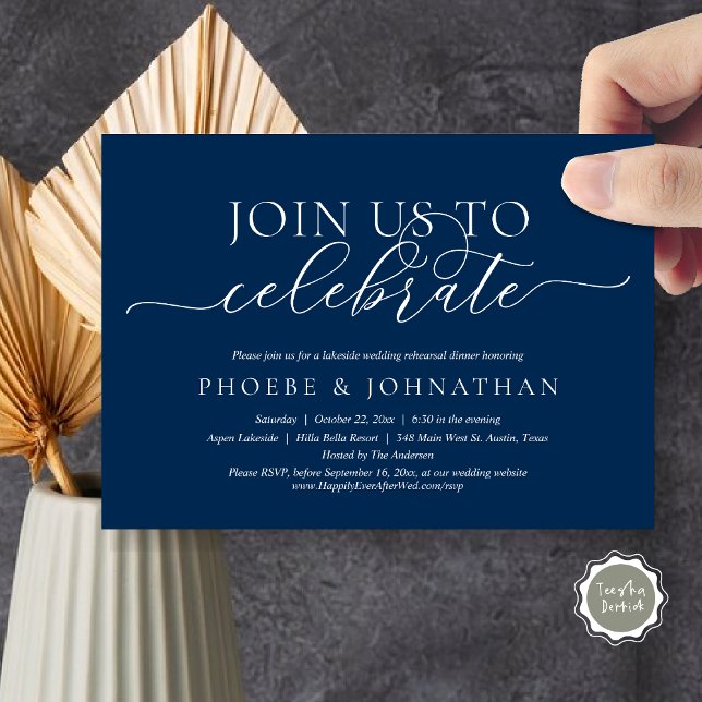 Feiern Sie mit uns, Hochzeit und Probe Einladung (Join Us To Celebrate, Romantic Wedding Rehearsal Dinner Invitation Card, PDF, in Navy Blue)