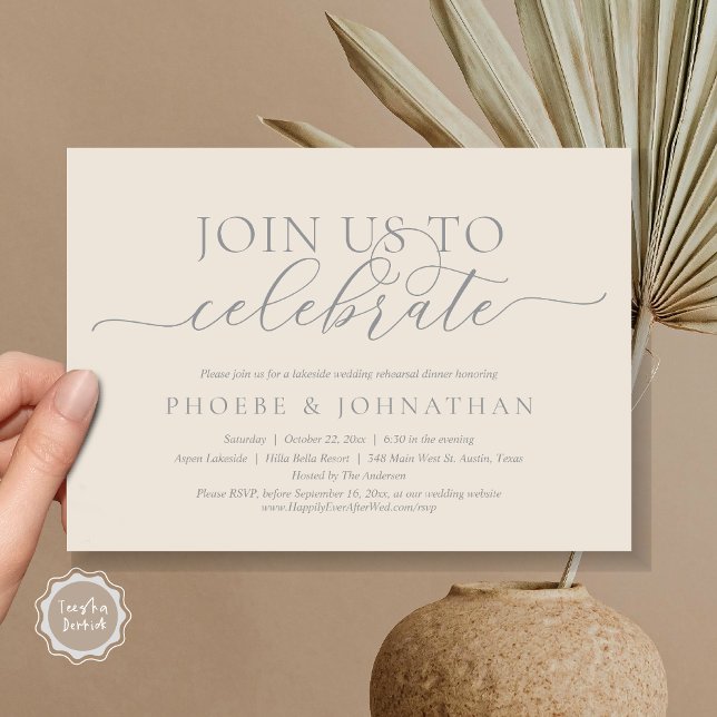 Feiern Sie mit uns, Hochzeit und Probe Einladung (Join Us To Celebrate, Romantic Wedding Rehearsal Dinner Invitation Card, PDF, in Grey and Cream)