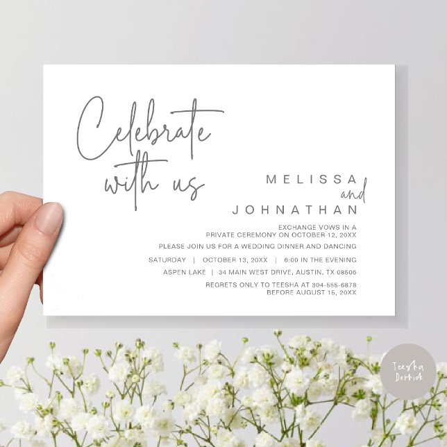 Feiern Sie mit uns, Hochzeitliches Abendessen Part Einladung (Celebrate With Us, Wedding Elopement Dinner Invitation Card, PDF, in Dark Grey)