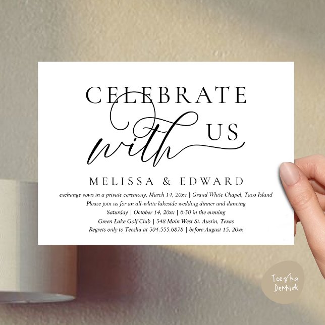 Feiern Sie mit uns, Hochzeitliches Abendessen Part Einladung (Celebrate with us, Wedding Elopement Dinner Party Lunch Brunch Invitation Card PDF Black White)