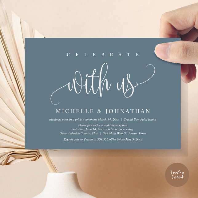 Feiern Sie mit uns, Hochzeitsfeier Einladung (Celebrate with us, Modern Wedding Elopement Dinner Party Invitation Card, PDF, in Dusty Blue)