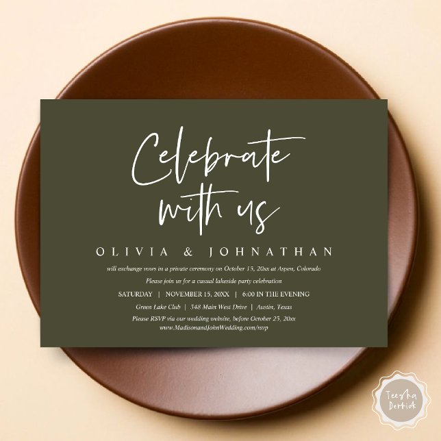 Feiern Sie mit uns, Lässiges Hochzeitsfeier-Party Einladung (Celebrate With Us, Wedding Elopement Brunch, Lunch, Dinner Party Invitation Card, PDF, Olive Green)