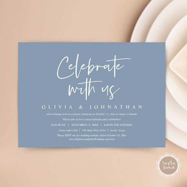 Feiern Sie mit uns, Lässiges Hochzeitsfeier-Party Einladung (Celebrate With Us, Wedding Elopement Brunch, Lunch, Dinner Party Invitation Card, PDF, Dusty Blue)