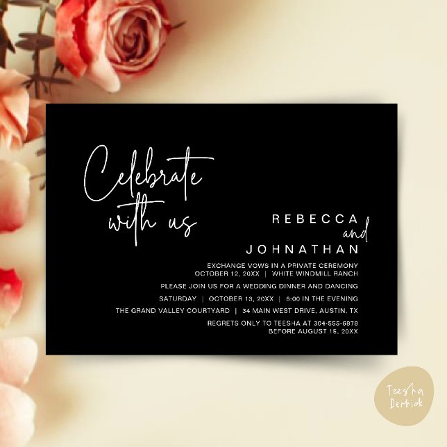 Feiern Sie mit uns, Moderne Boho-Hochzeitsfeier Einladung (Celebrate with us, Modern Boho Wedding Reception Invitation Card PDF Black White)