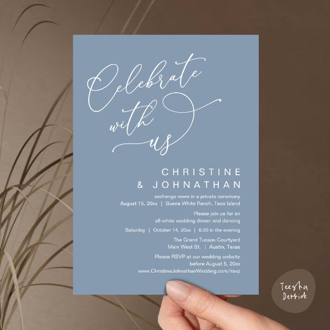 Feiern Sie mit uns, Romantisches Hochzeitstanz Einladung (Celebrate With Us, Romantic Wedding Dinner Party Lunch Brunch Invitation Card PDF Dusty Blue)