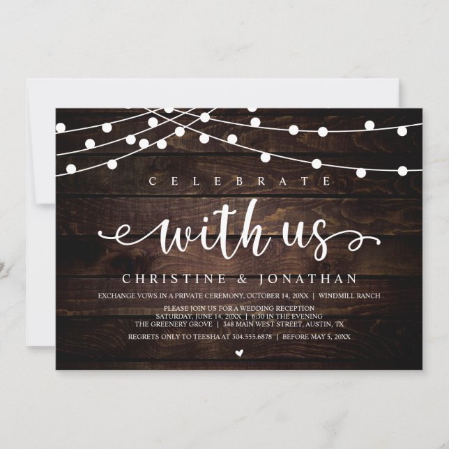 Feiern Sie mit uns Rustic Farm Wedding String Ligh Einladung (Vorderseite)