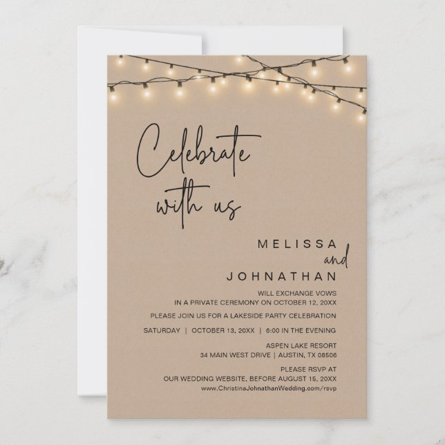 Feiern Sie mit uns, rustikales Hochzeitsessen Part Einladung (Vorderseite)
