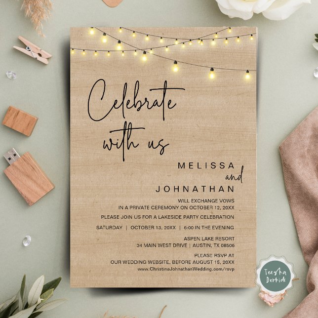 Feiern Sie mit uns, Rustikales Hochzeitsfeier-Part Einladung (Celebrate With Us, Rustic Wedding Elopement Party Invitation Card, Cottage Brown Wood, String Lights)