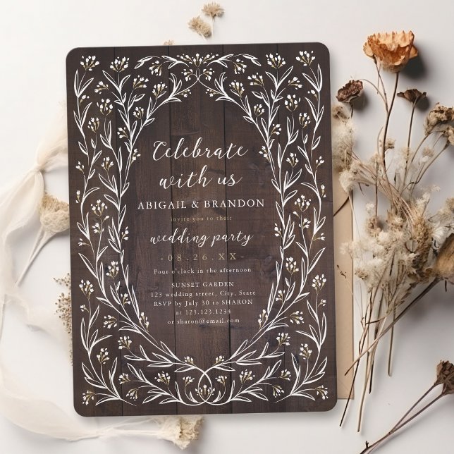 Feiern Sie mit uns! Rustikales Wood Boho Floral Pa Einladung (Celebrate With Us! Rustic Wood Boho Floral party Invitation)