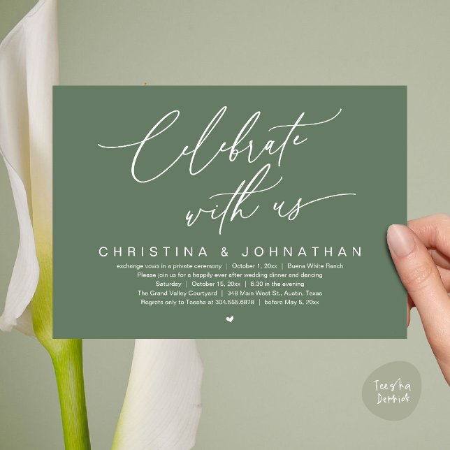 Feiern Sie mit unserem Hochzeitsfeier-Dinner-Party Einladung (Celebrate With Us Romantic Wedding Elopement Dinner Brunch Lunch Party Invites Card PDF Sage Green)