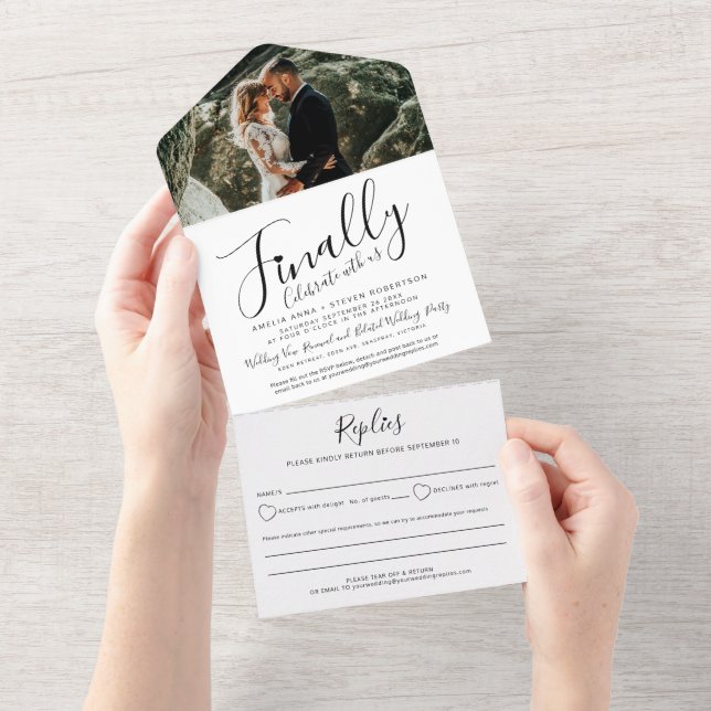 Feiern Sie schließlich Foto Mono verspätete Hochze All In One Einladung (Abreißen)