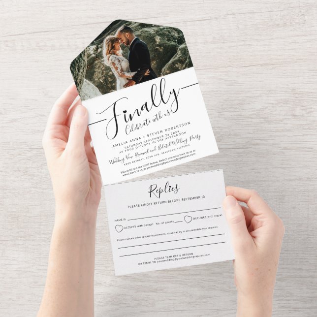 Feiern Sie schließlich Foto Mono verspätete Hochze All In One Einladung (Abreißen)