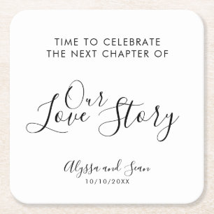 Feiern Sie unsere Liebe-Geschichte Hochzeitsempfan Rechteckiger Pappuntersetzer