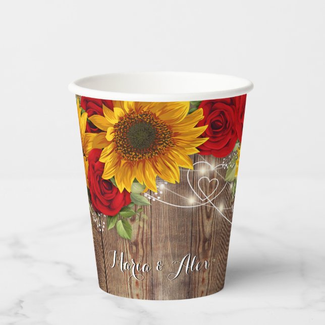 Feiern Sonnenblumen und Rote Rosen Papiertasse Pappbecher (Vorderseite)