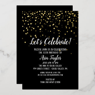 Feiern wir Confetti auf Black Birthday Gold Folieneinladung