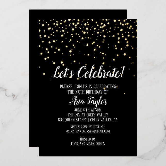 Feiern wir Confetti auf Black Birthday Gold Folieneinladung (Vorderseite/Rückseite)