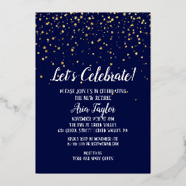 Feiern wir Confetti auf Navy Blue Party Gold Folieneinladung