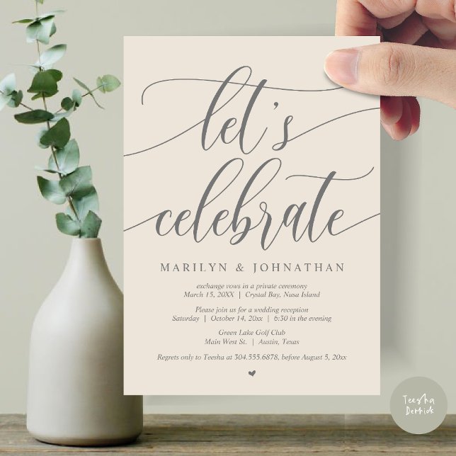Feiern wir das Hochzeitsfeier-Elopement-Party, Nav Einladung (Let's Celebrate Wedding Elopement Dinner Lunch Brunch Party Invitation Card, PDF, in Cream Grey)