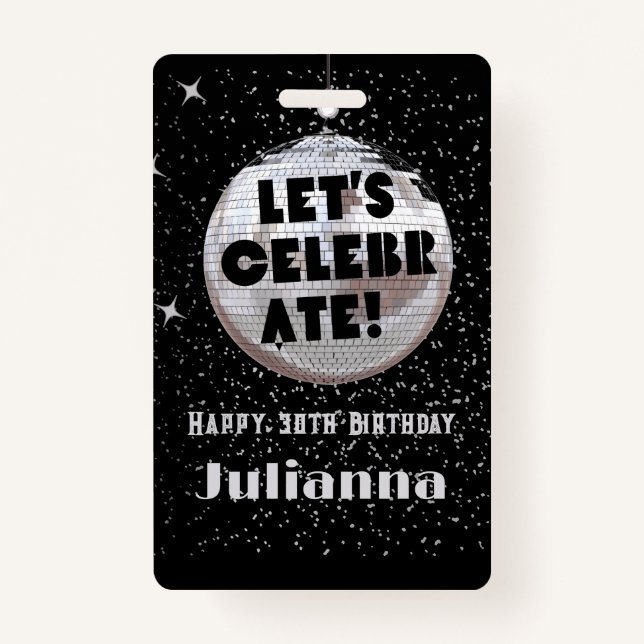 Feiern wir den Disco Ball Black Birthday VIP Ausweis (Vorderseite)