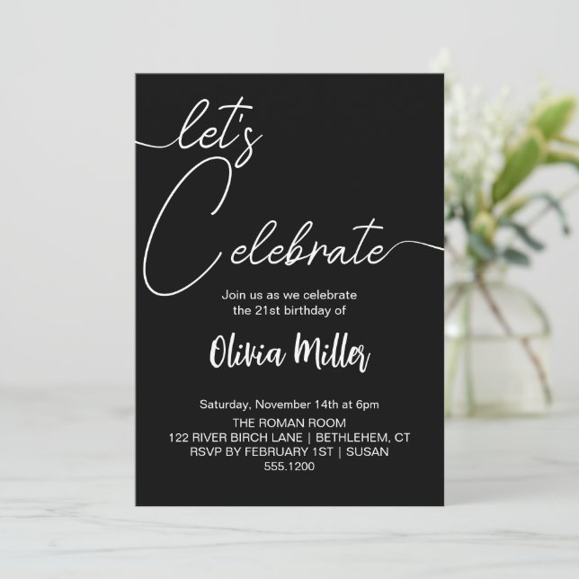 Feiern wir die Black Birthday Party Einladung (Stehend Vorderseite)