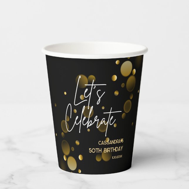Feiern wir Gold Bokeh Gradient Black Birthday Pappbecher (Rückseite)