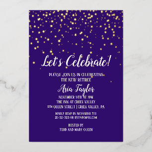 Feiern wir Gold Confetti auf Lila Party Gold Folieneinladung