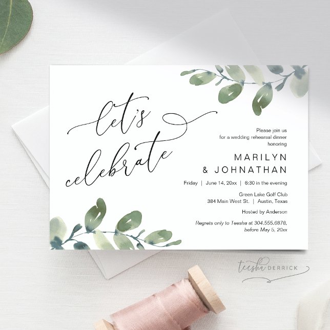 Feiern wir, Hochzeit Probe Dinner Dancing Einladung (Let's Celebrate, Romantic Rehearsal Dinner Invitation Card, Greenery Eucalyptus. Downloadable)