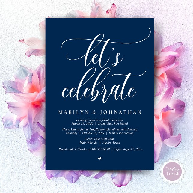 Feiern wir Hochzeitstag Abendessen Tanz Einladung (Let's Celebrate Wedding Elopement Dinner Party Lunch BrunchDancing Invitation Card PDF, Navy Blue)