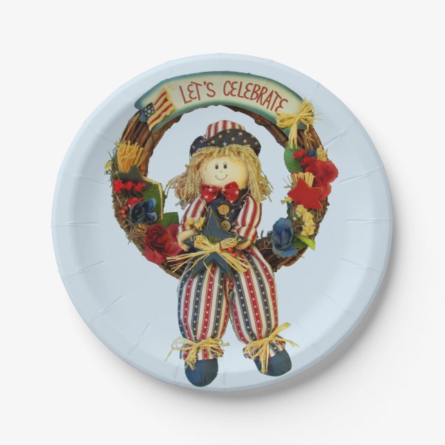 Feiern wir Patriotic Scarecrow Pappteller (Vorderseite)