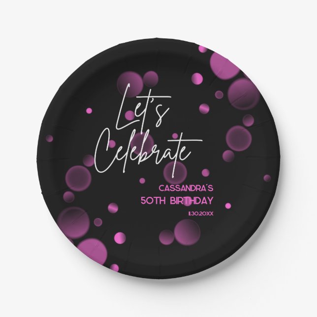 Feiern wir Pink Bokeh Gradient Black Birthday Pappteller (Vorderseite)
