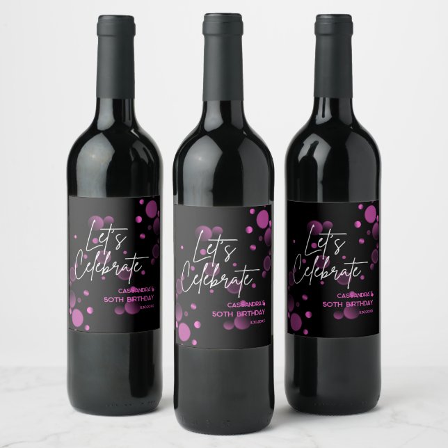 Feiern wir Pink Bokeh Gradient Black Birthday Weinetikett (Flaschen)