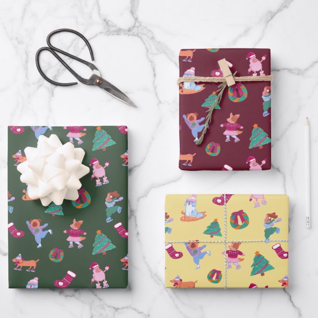 Feiernde Hunde EisRotes Grün Geschenkpapier Set (Vorderseite)