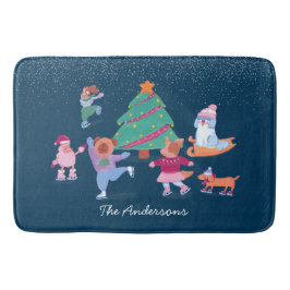 Feiernde Hunde Ice Skaten Dark Blue Weihnachten Badematte