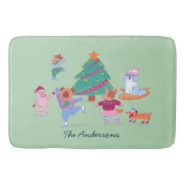 Feiernde Hunde Ice Skaten Light Green Christmas Badematte