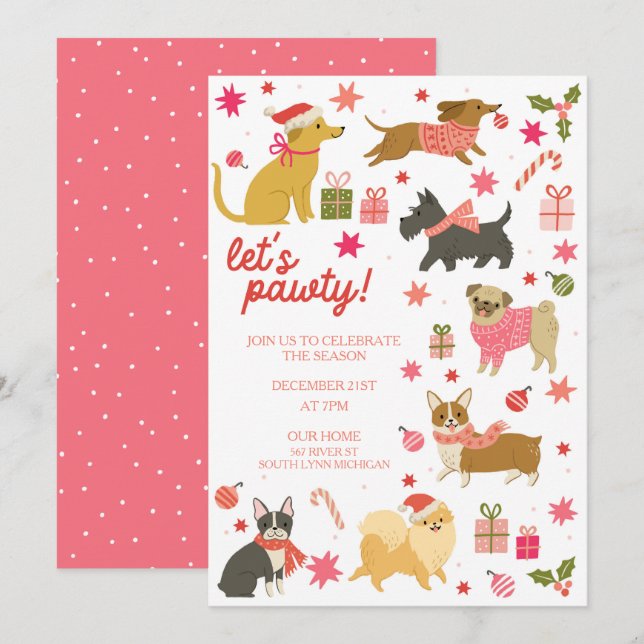Feiernde Hunde Pink Weihnachten Party Einladung (Vorne/Hinten)