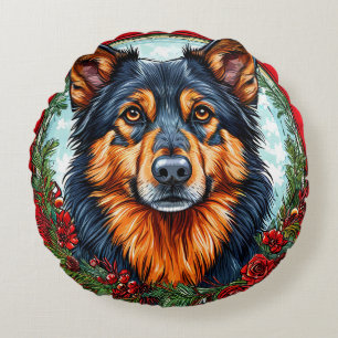 Feiernder Hund in einem Weihnachtsblumenschrei Rundes Kissen