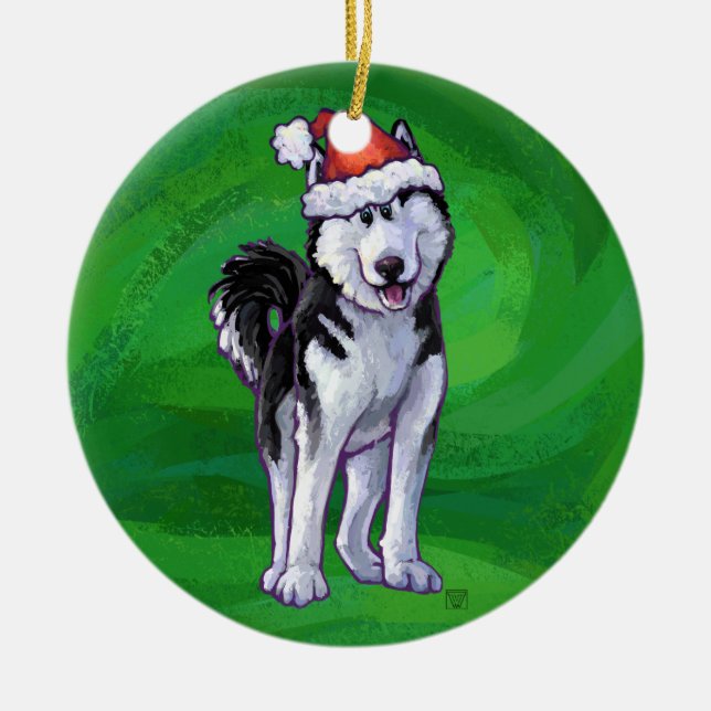 Feiernder Husky in Weihnachtsmannmütze auf Green Keramikornament (Vorne)