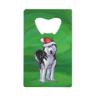Feiernder Husky in Weihnachtsmannmütze auf Green Kreditkarten Flaschenöffner