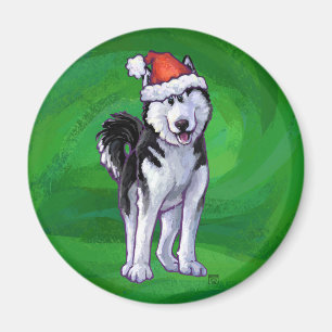 Feiernder Husky in Weihnachtsmannmütze auf Green Magnet